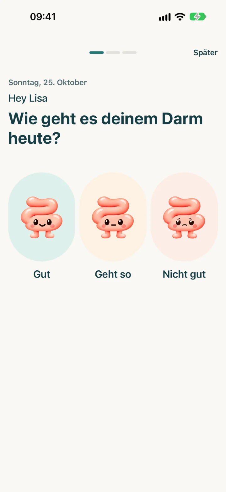 Erster Schritt des Check-ins: „Wie geht es deinem Darm heute?“ mit der Auswahl Gut, Geht so oder Nicht gut.