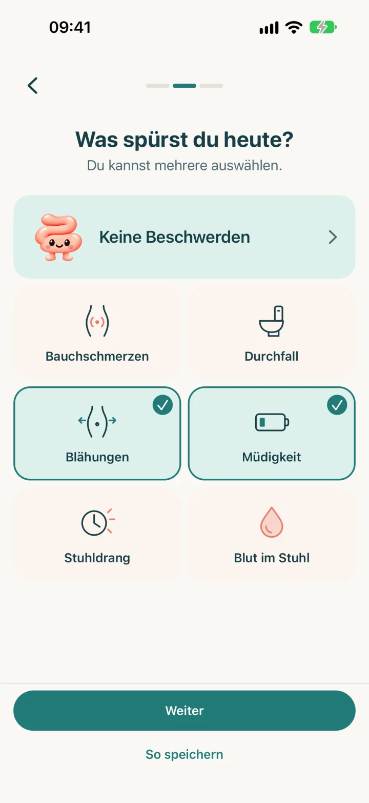 Zweiter Schritt des Check-ins: Beschwerden auswählen, hier Blähungen und Müdigkeit.