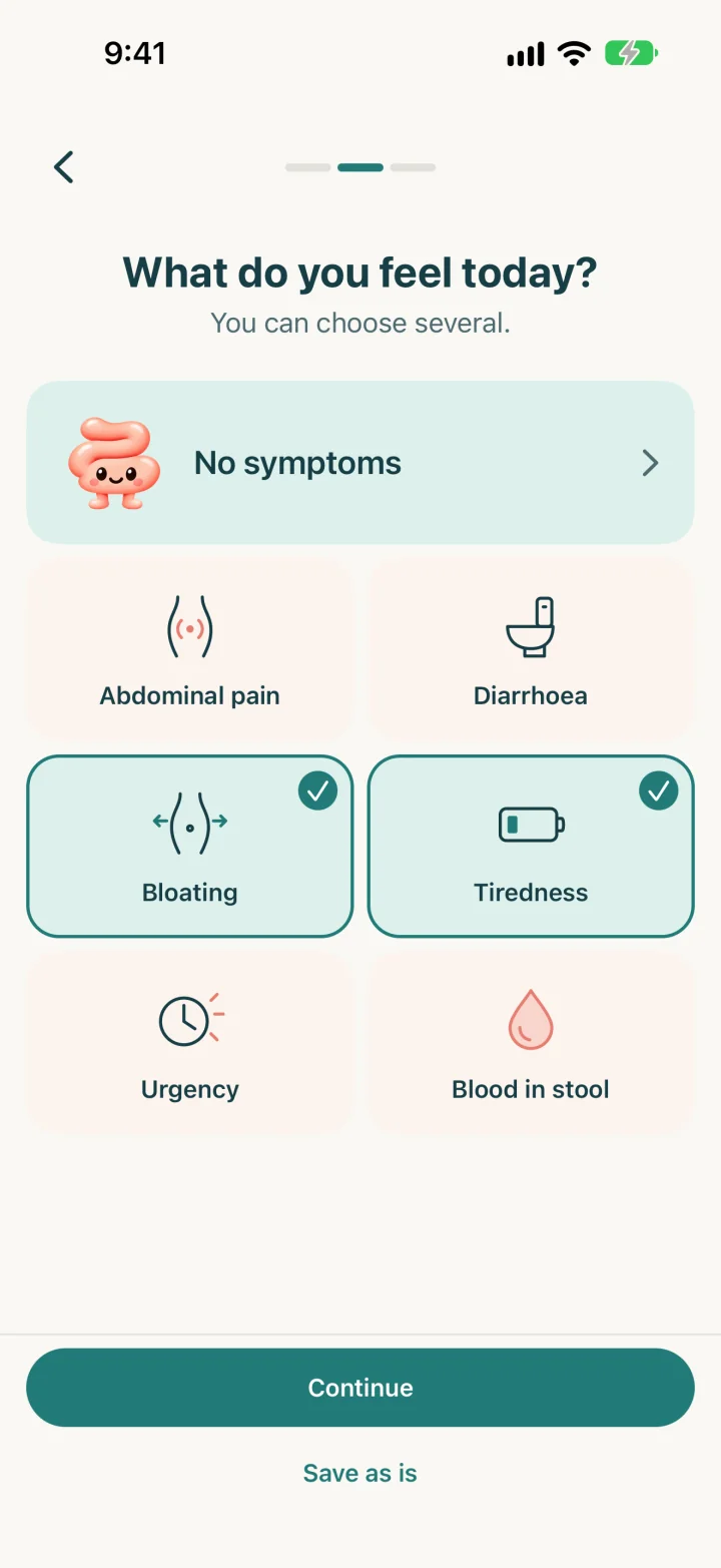 Second check-in step: choosing symptoms, here bloating and tiredness.