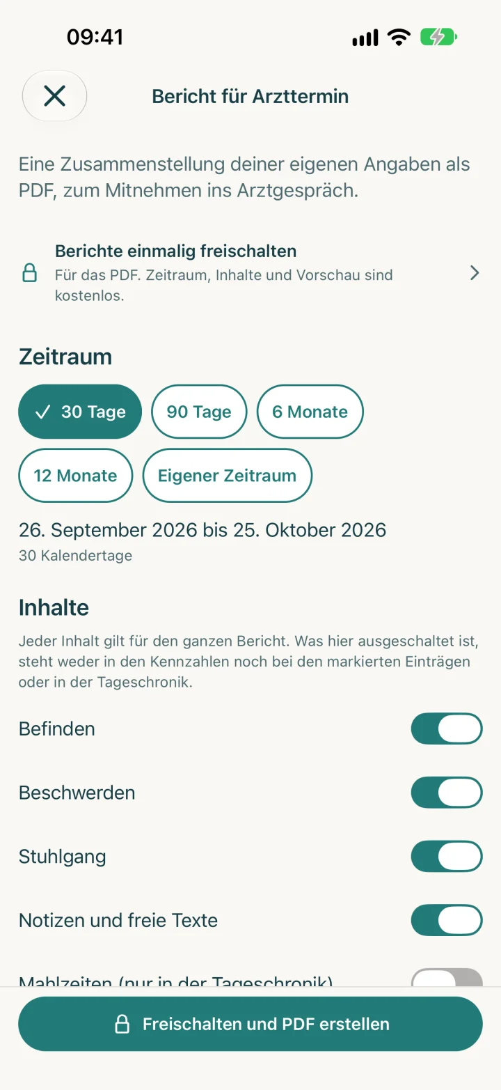 Bericht für den Arzttermin: Zeitraum und Inhalte wählen. Der Knopf „Freischalten und PDF erstellen“ steht für den einmaligen In-App-Kauf.