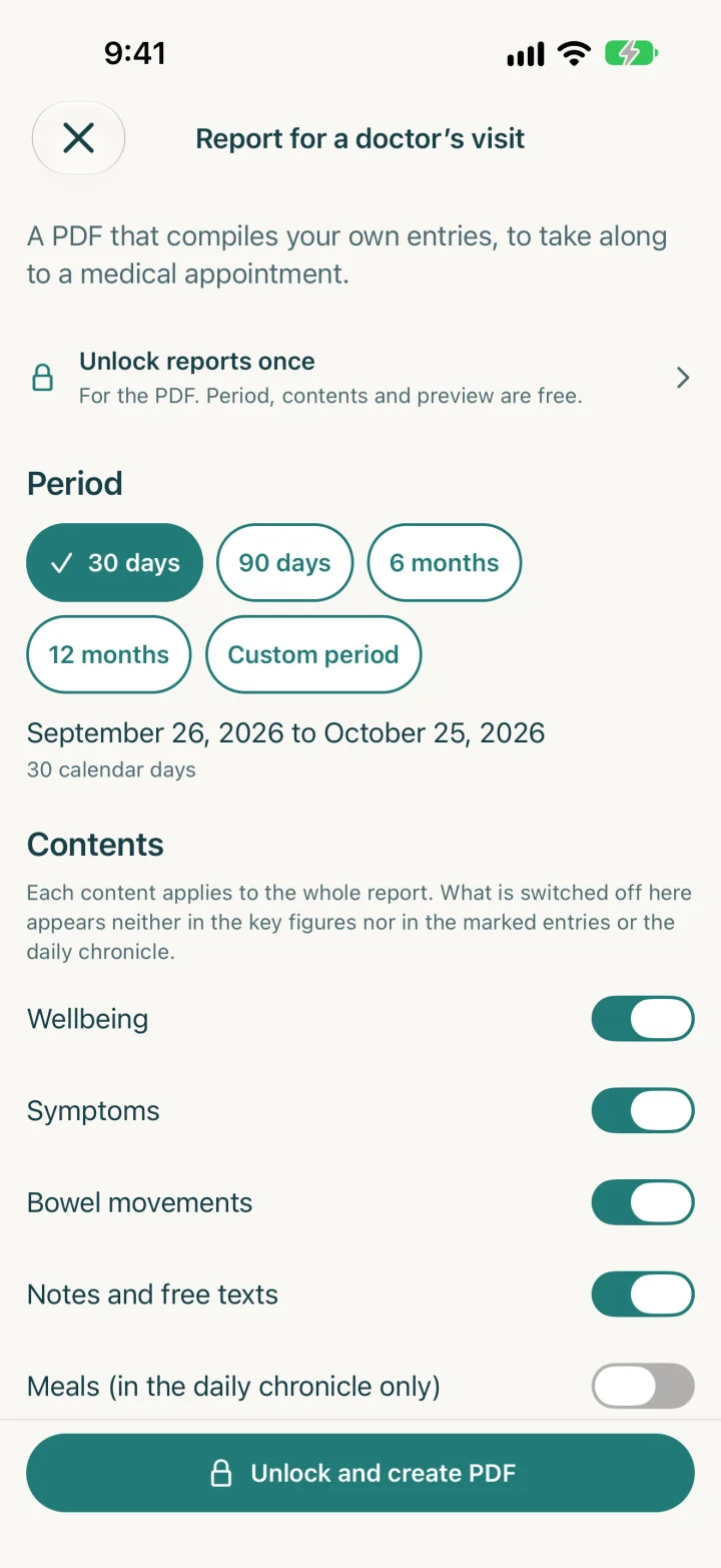 Report for a doctor's visit: choosing the period and contents. The button “Unlock and create PDF” stands for the one-time in-app purchase.