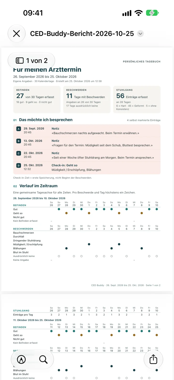 Ein erstellter PDF-Bericht mit erfundenen Einträgen in der Vorschau der App. PDF-Berichte gibt es nach der einmaligen, kostenpflichtigen Freischaltung.