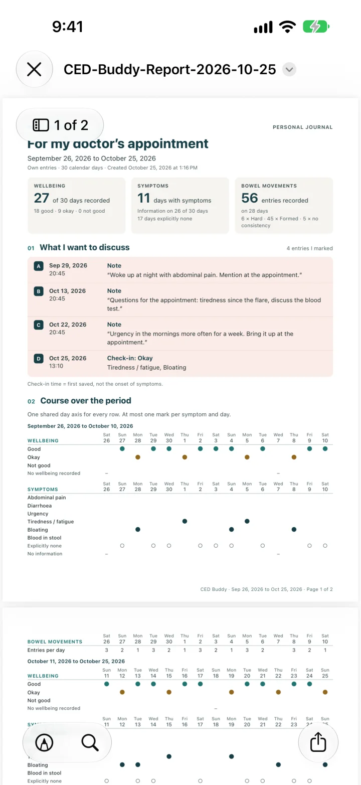 A created PDF report with made-up entries in the app's preview. PDF reports are available after the one-time paid unlock.