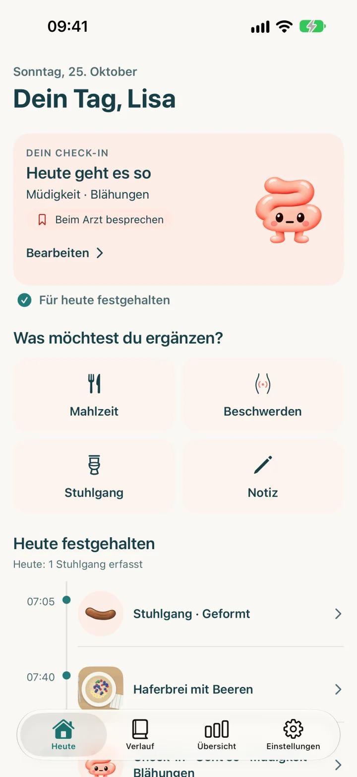 Heute-Ansicht von CED Buddy mit erfundenen Daten: Check-in des Tages und Schnellaktionen für Mahlzeit, Beschwerden, Stuhlgang und Notiz.