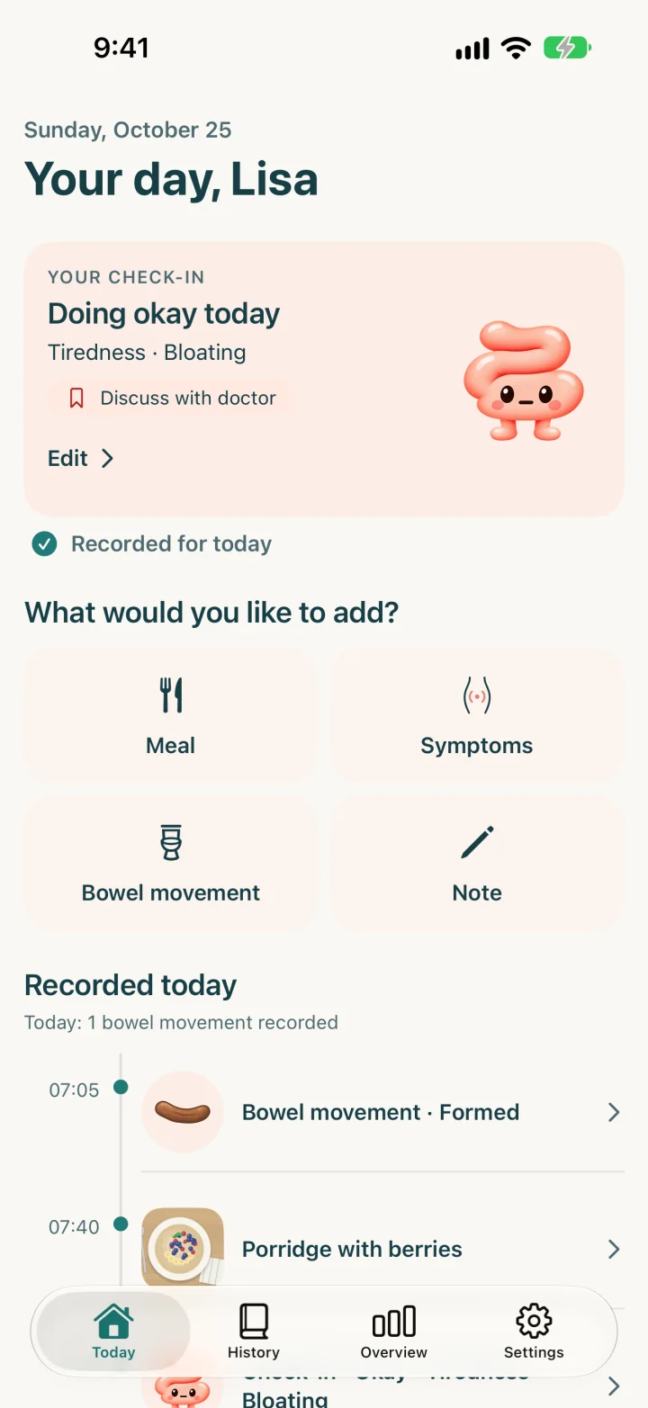 CED Buddy's Today view with made-up data: the day's check-in and quick actions for meal, symptoms, bowel movement and note.